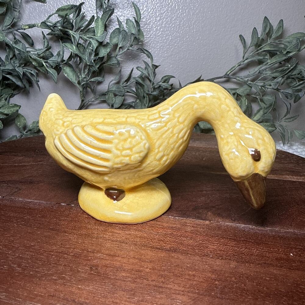 Yellow Ceramic Goose Figurine Grazing Farmhouse Country Decor 5” Unmarked Vtg